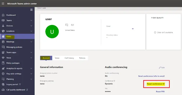 Microsoft Teams admin center user page with the Reset conference ID option highlighted under Audio conferencing