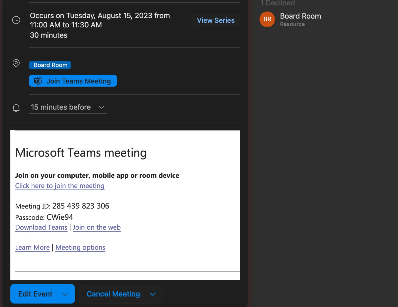 Outlook calendar event showing the Microsoft Teams meeting join link, meeting ID and passcode