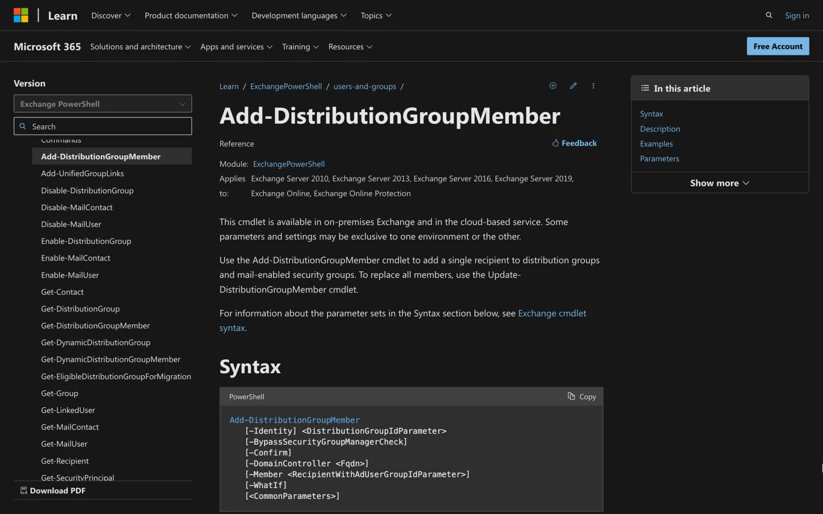 Microsoft Learn documentation for the Add-DistributionGroupMember cmdlet showing its PowerShell syntax