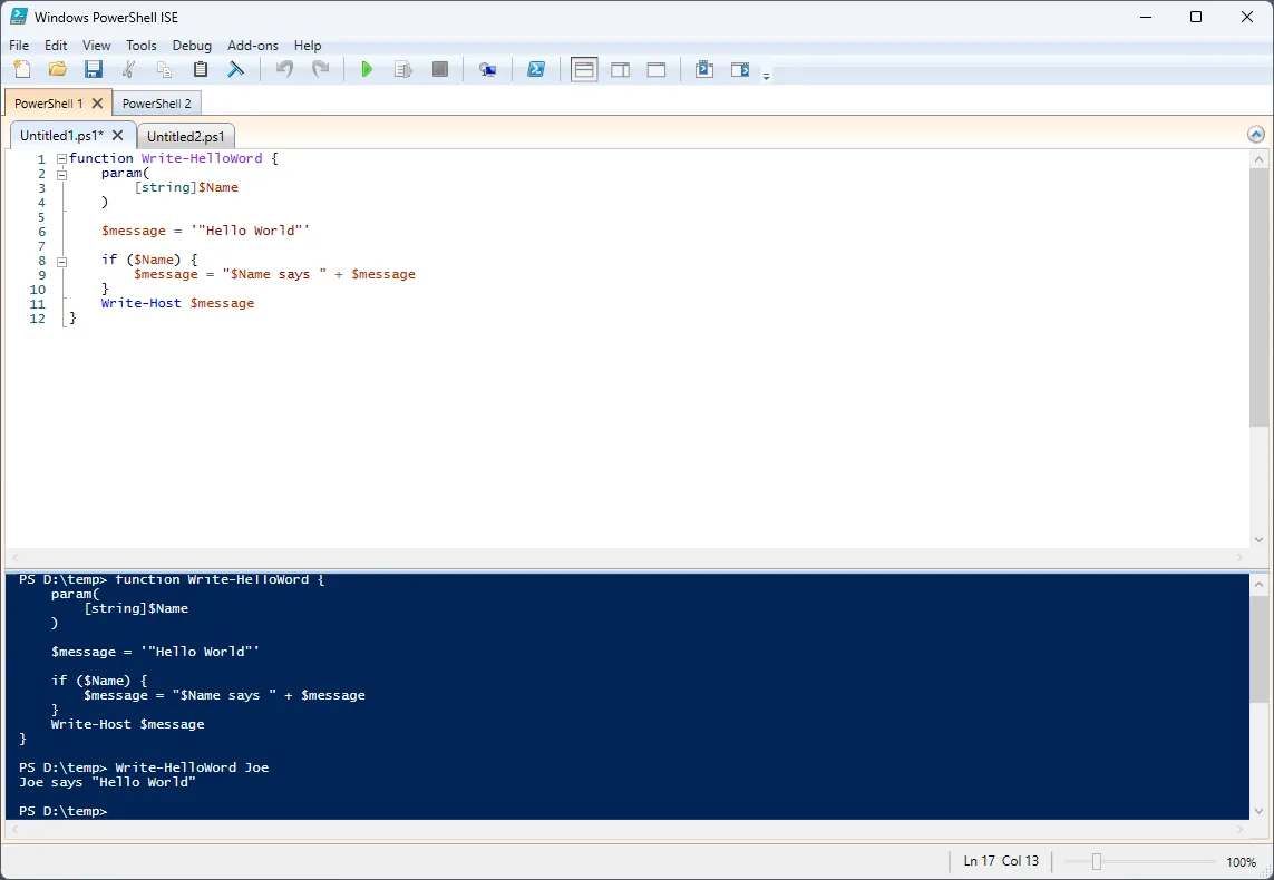 Windows PowerShell ISE editing a script with the command output shown in the console below