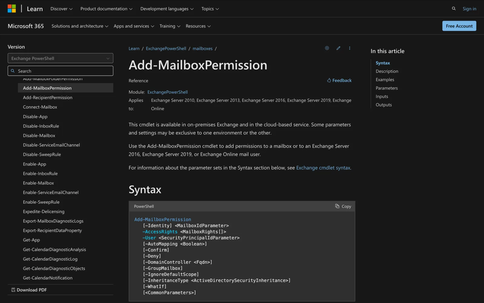 Microsoft Learn documentation for the Add-MailboxPermission cmdlet showing its PowerShell syntax