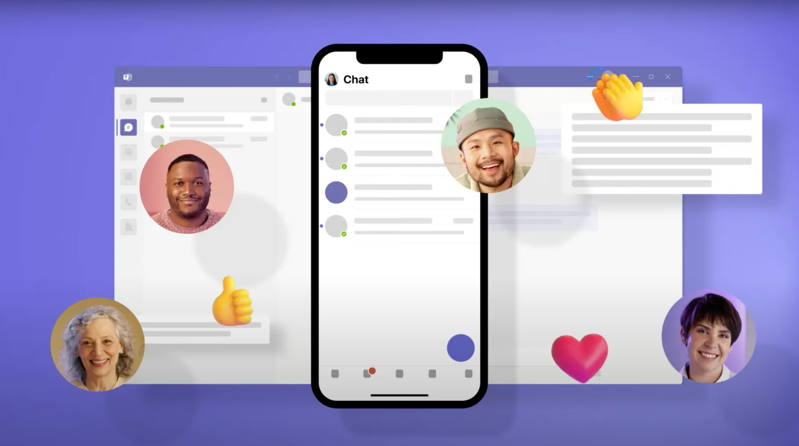 Illustration of Microsoft Teams chat windows and video call participants on desktop and mobile