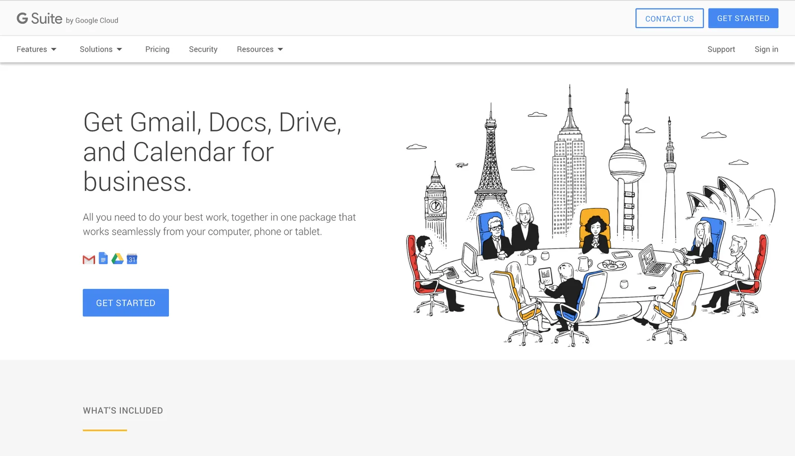 G Suite by Google Cloud marketing page describing Gmail, Docs, Drive and Calendar for business