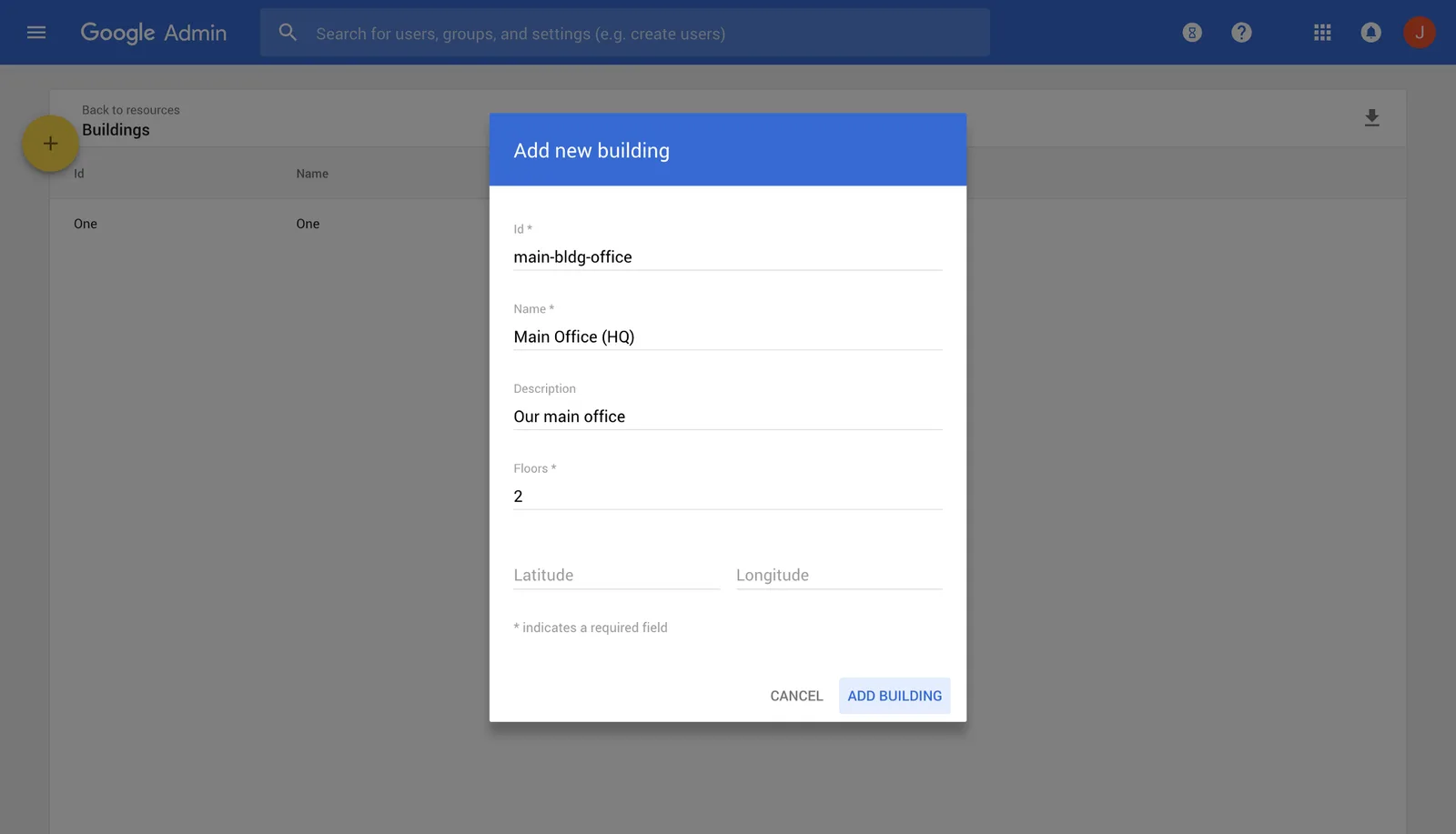 Google Admin console Add new building dialog with the name, description and floor count filled in