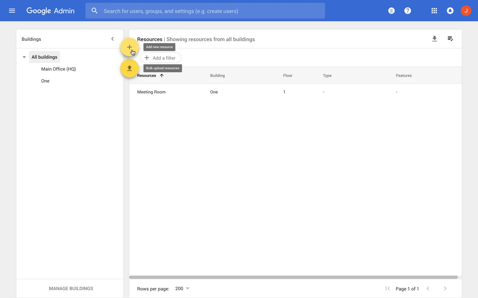 Google Admin console resources list with the add new resource action highlighted