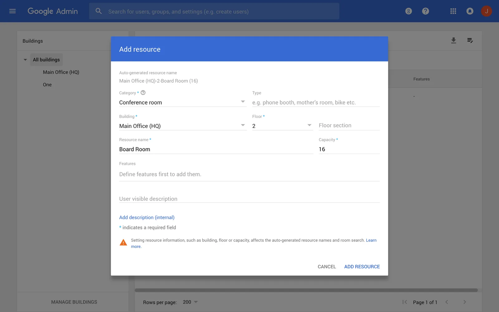 Google Admin console Add resource dialog creating a conference room with building, floor and capacity