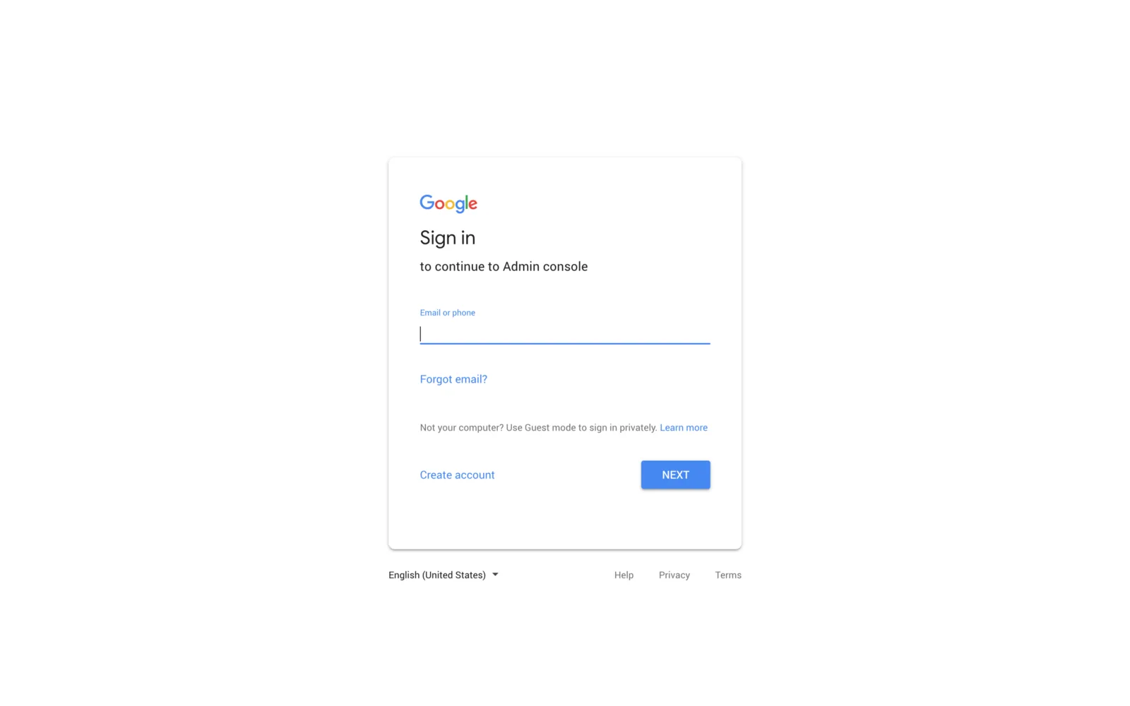 Google sign in page for continuing to the Admin console
