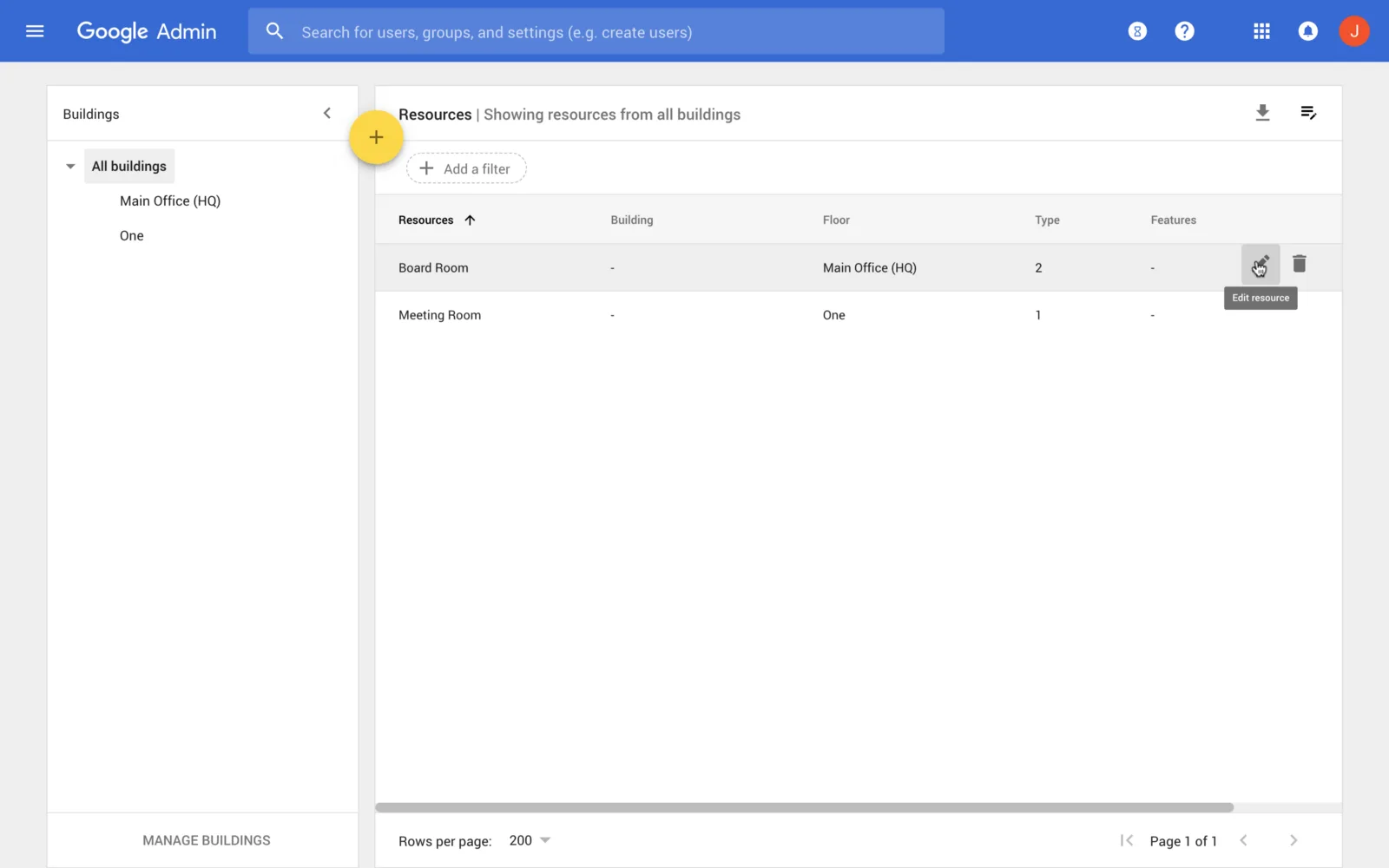 Google Admin console resources list with the edit resource action highlighted for a board room