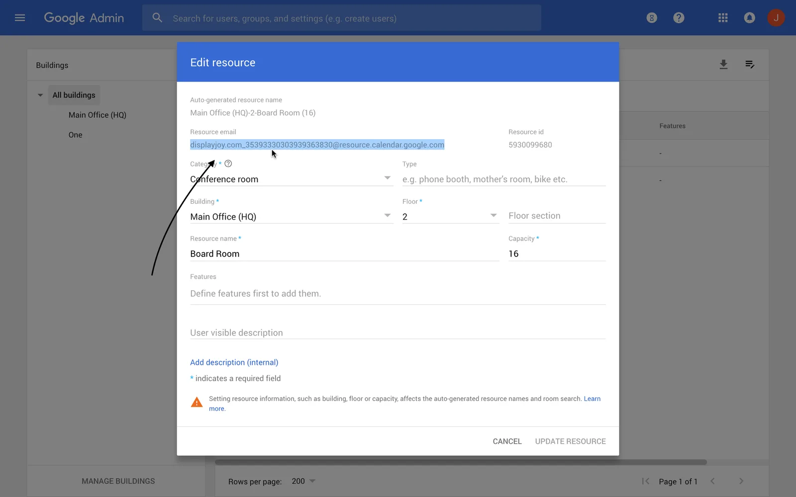 Google Admin console Edit resource dialog with the generated resource calendar email address highlighted