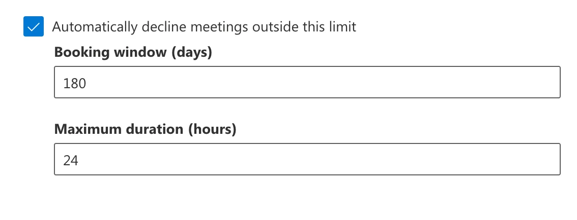 Booking policy with automatic decline enabled, a 180 day booking window and 24 hour maximum duration
