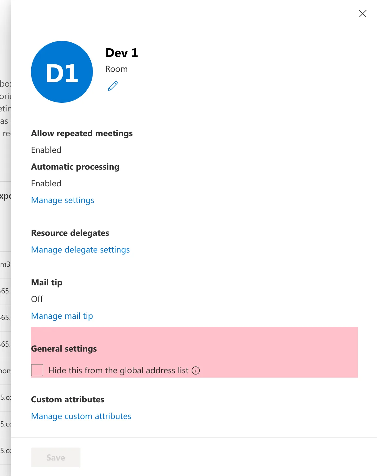 Room mailbox settings panel with the option to hide the room from the global address list highlighted