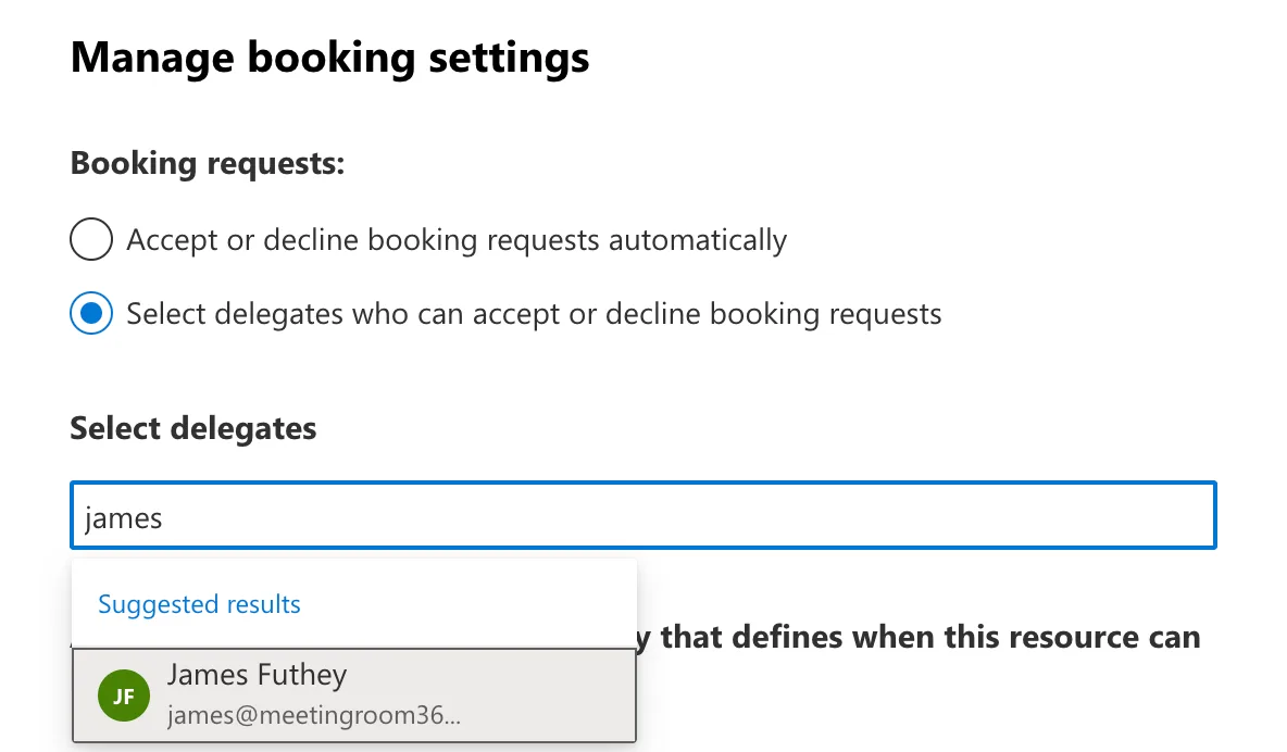 Booking settings set to let selected delegates accept or decline requests, with a delegate being added