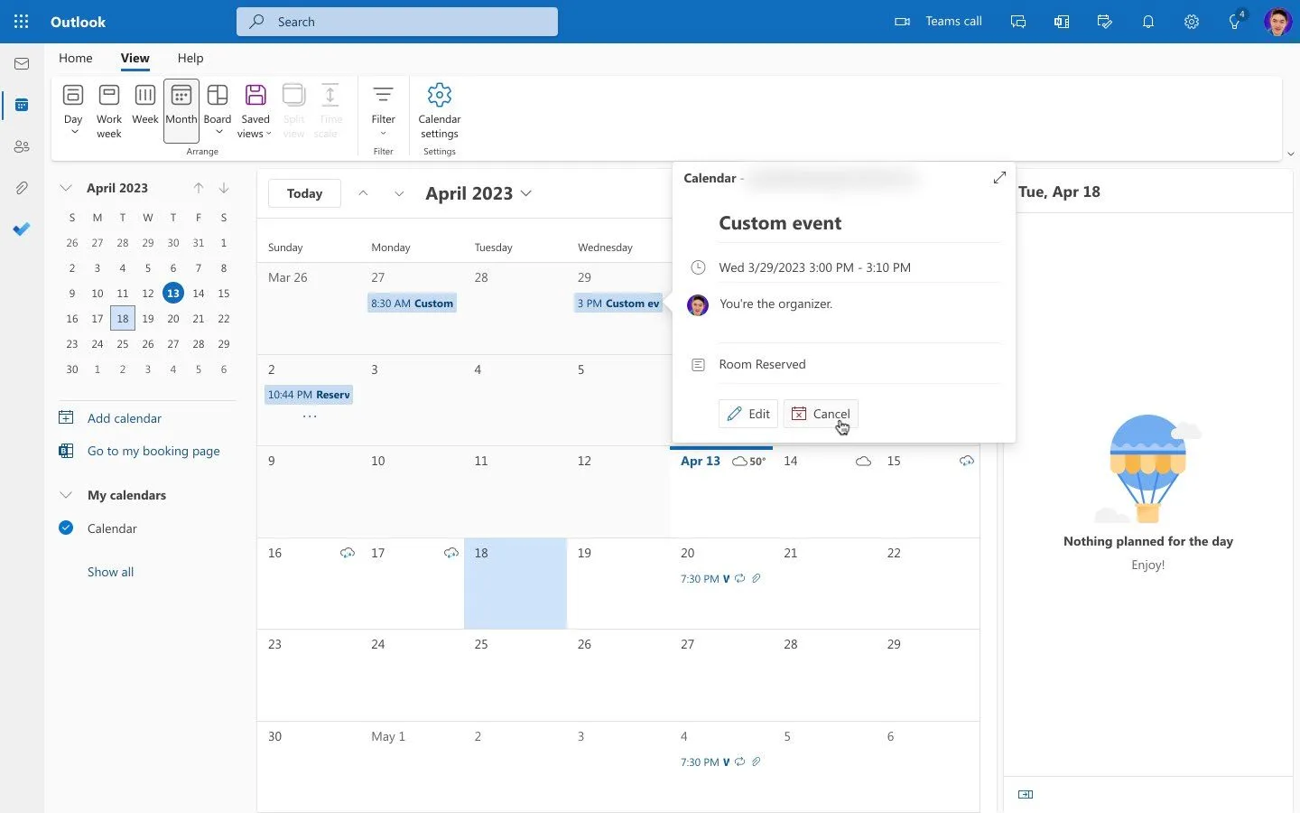 Outlook on the web calendar with an event preview showing the Edit and Cancel meeting options