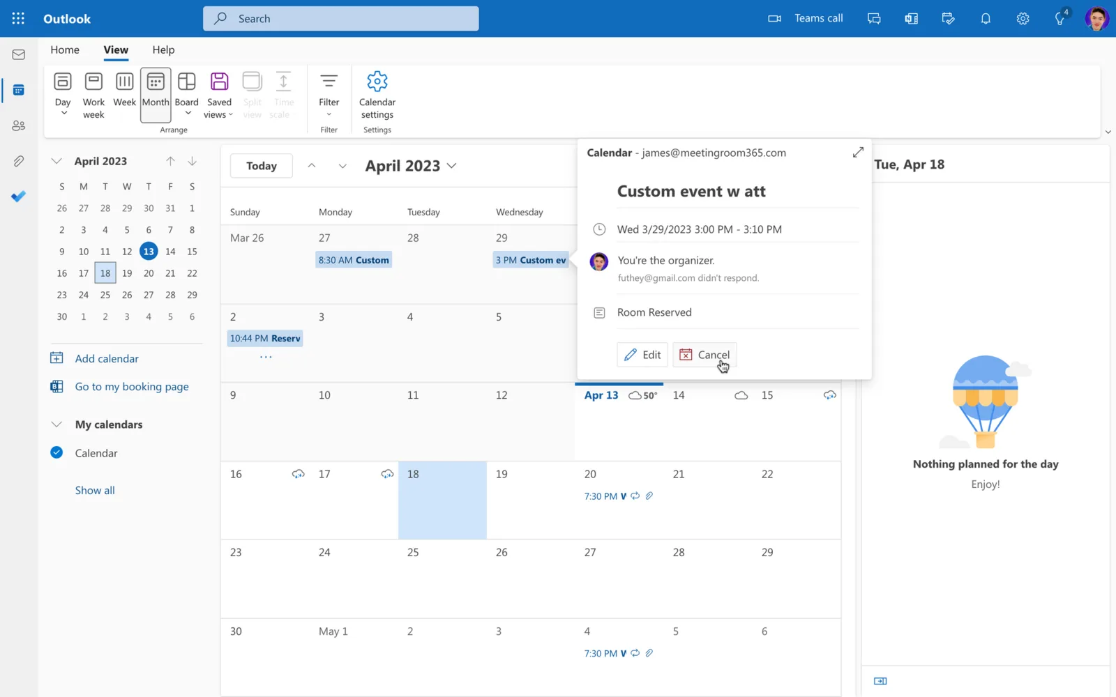 Outlook calendar event preview with Cancel selected on a meeting you organize