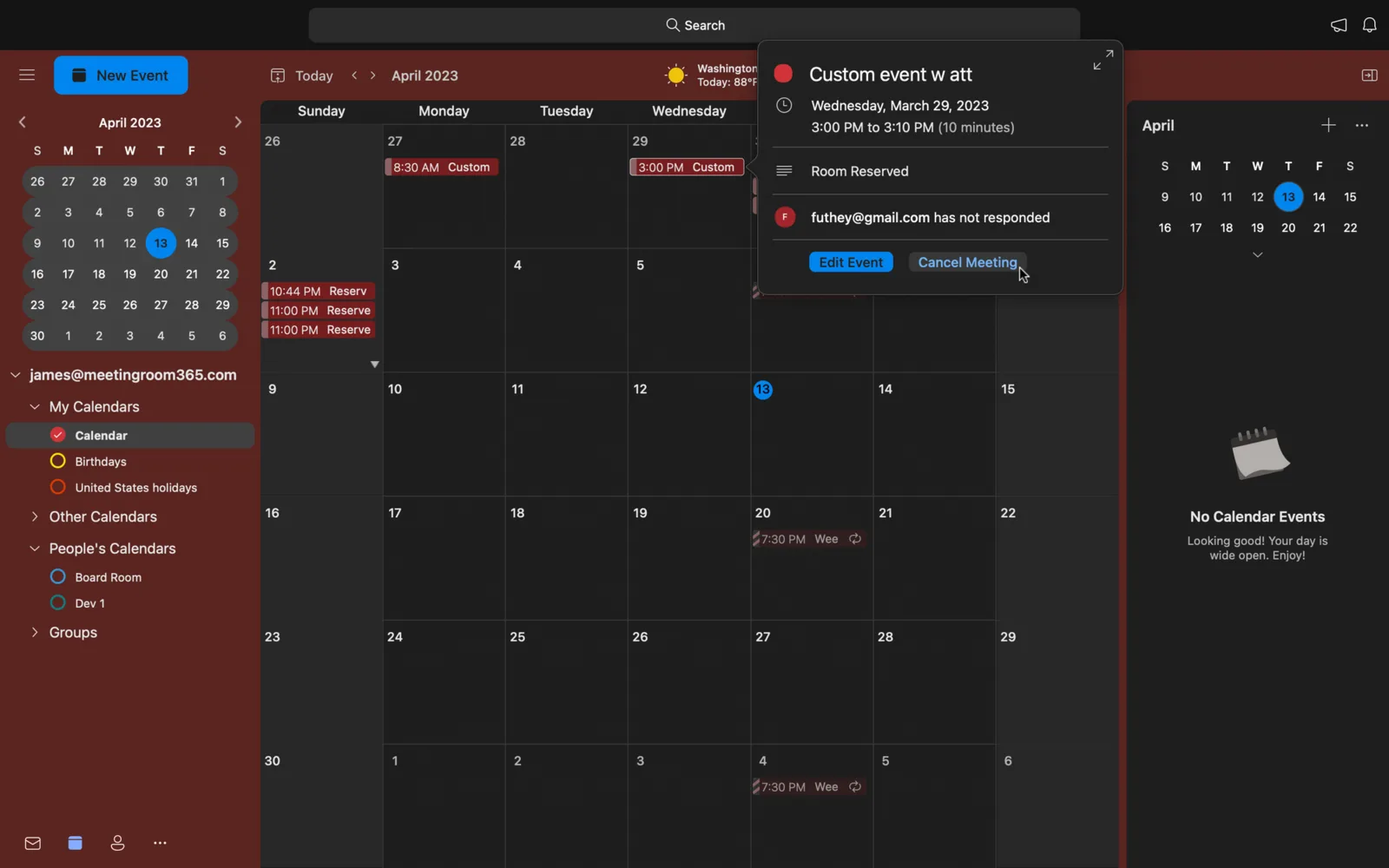 Outlook calendar in dark mode with Cancel Meeting selected on an existing event