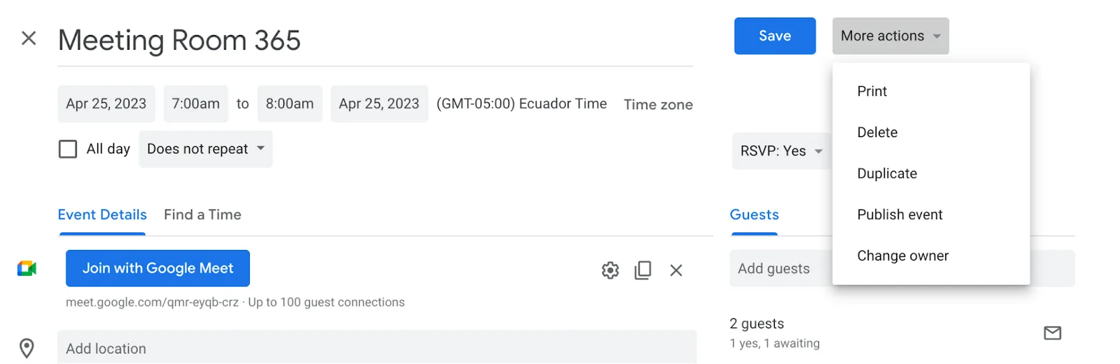 Google Calendar event with the More actions menu open showing the Change owner option