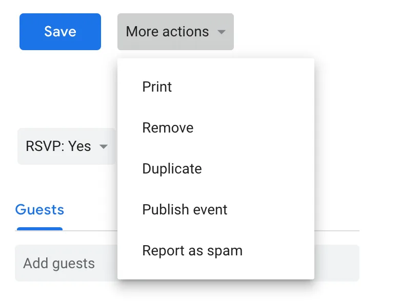 Google Calendar event editor with the More actions menu open showing Print, Remove, Duplicate and Publish event