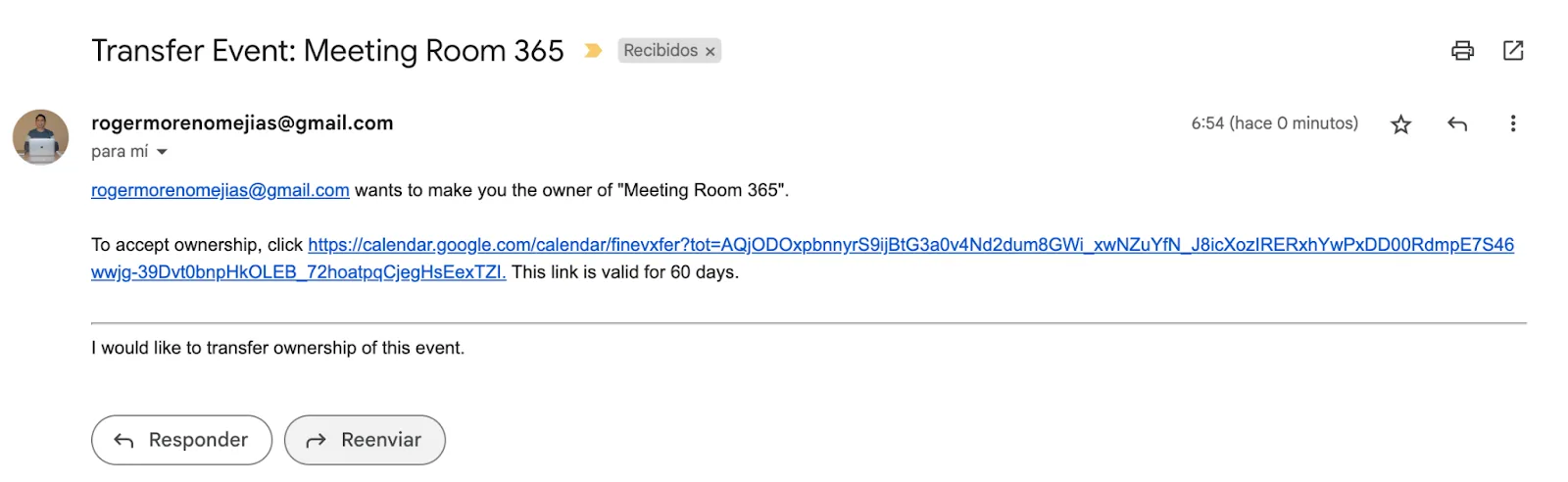 Email asking the new owner to accept ownership of a transferred Google Calendar event