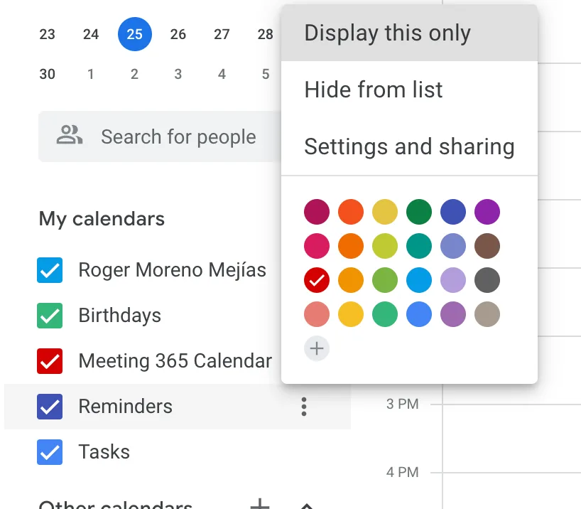 Google Calendar sidebar with a calendar menu open showing Settings and sharing