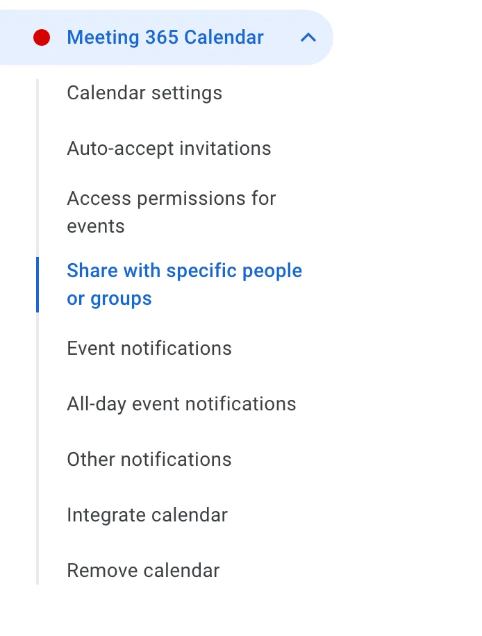 Google Calendar settings with Share with specific people or groups selected in the sidebar