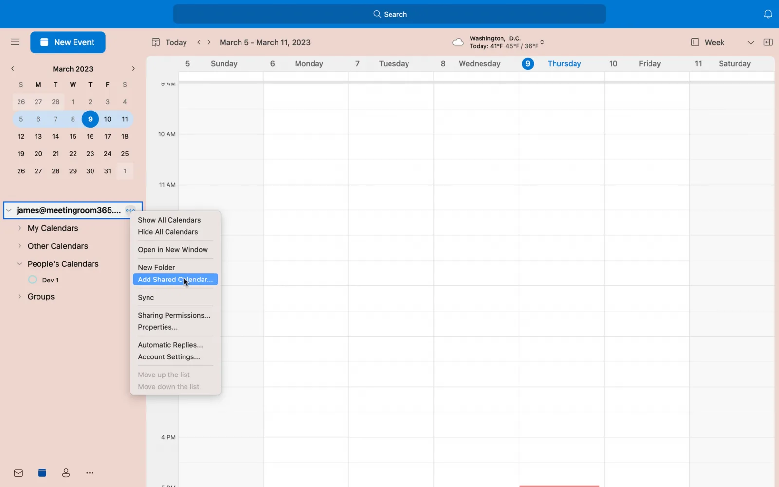 Outlook calendar sidebar menu with Add Shared Calendar highlighted