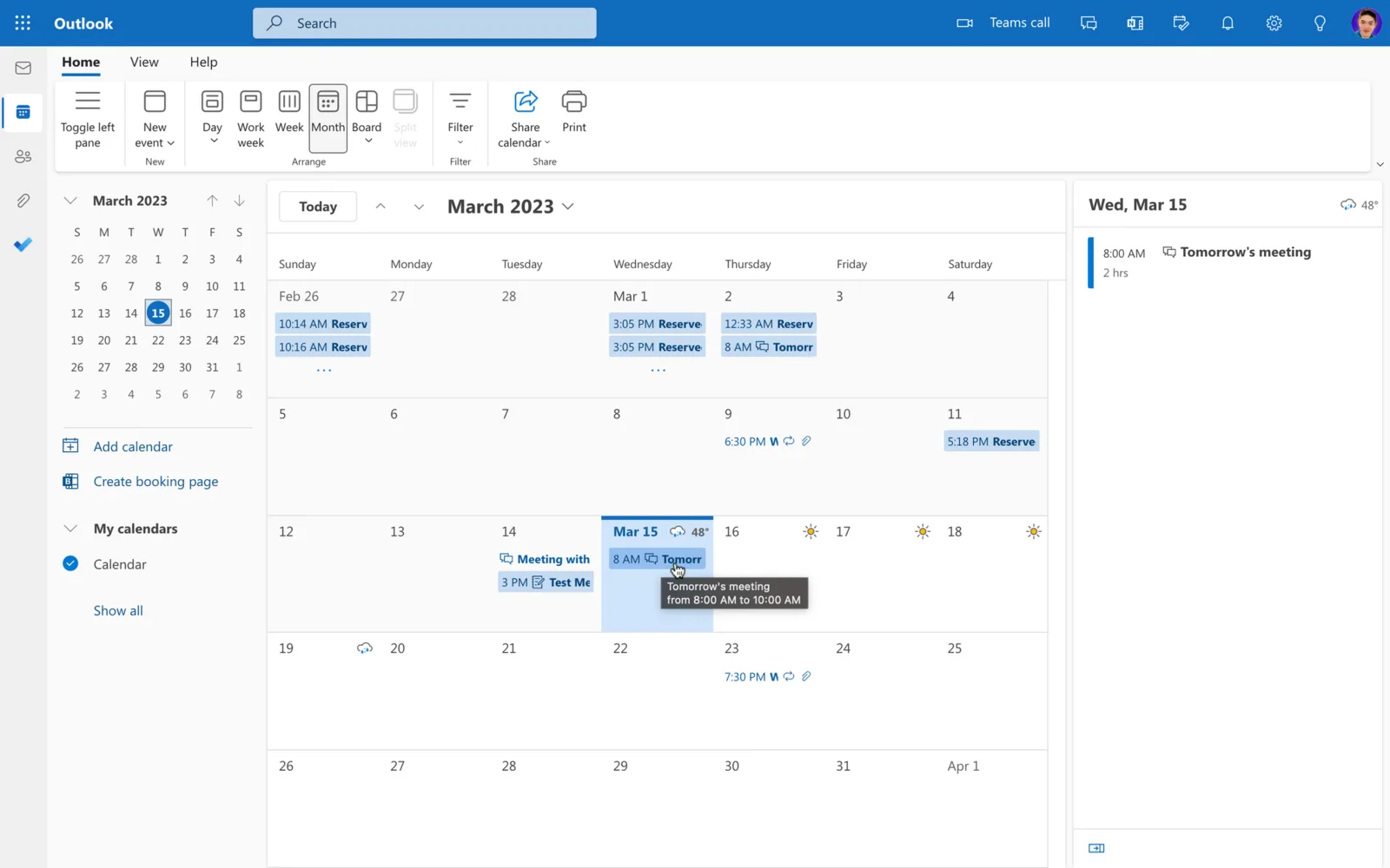 Outlook on the web calendar in month view showing scheduled meetings