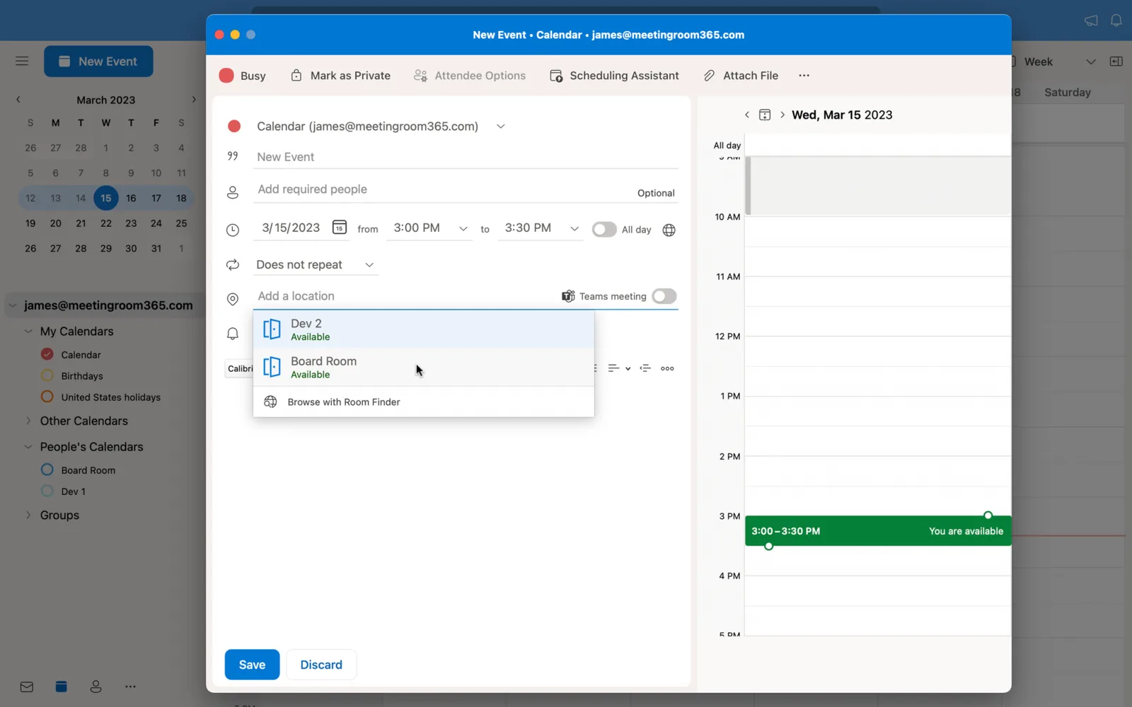 Outlook new event with the location picker listing available rooms beside a free and busy strip