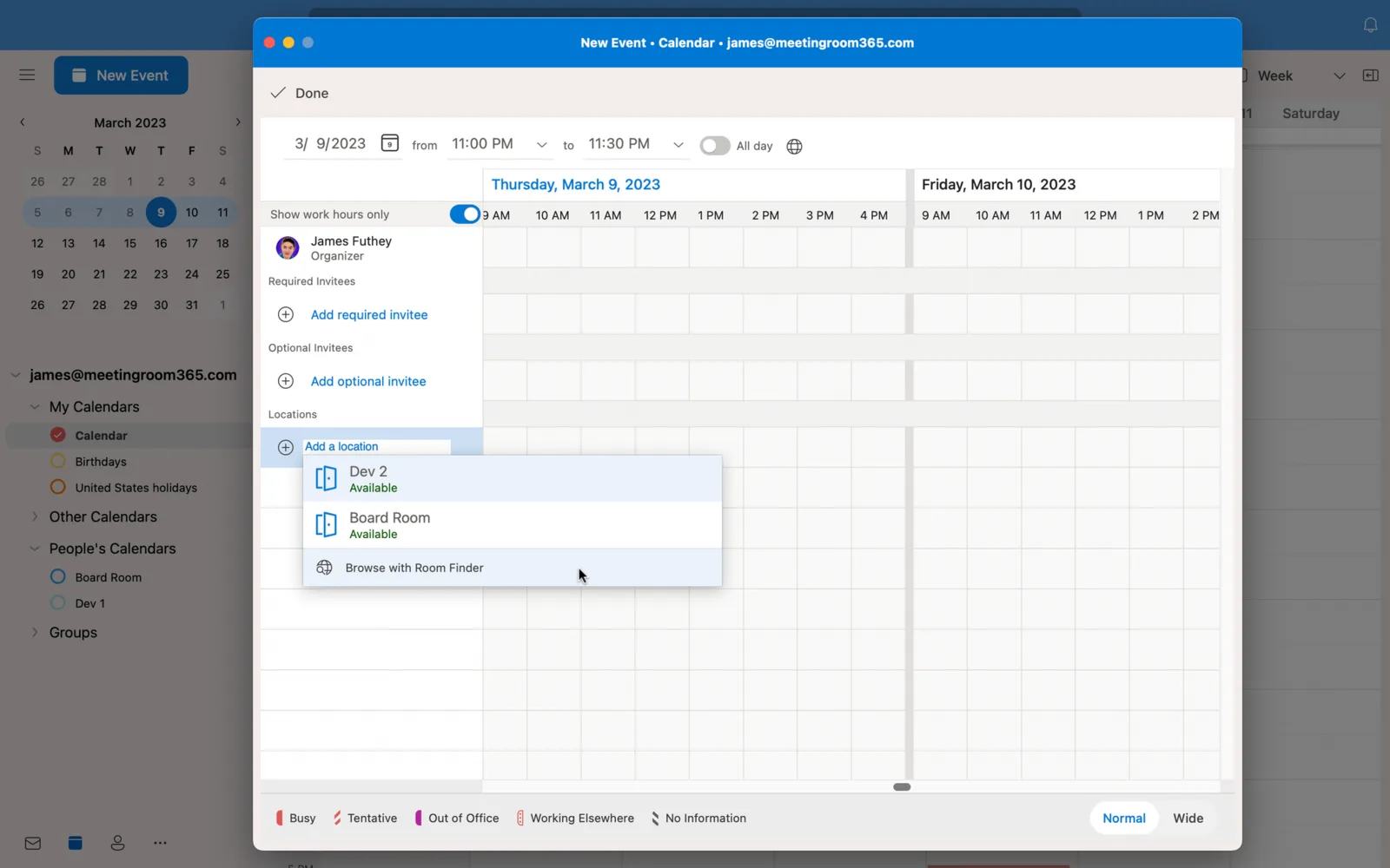 Outlook new event with the location list showing available meeting rooms and Browse with Room Finder