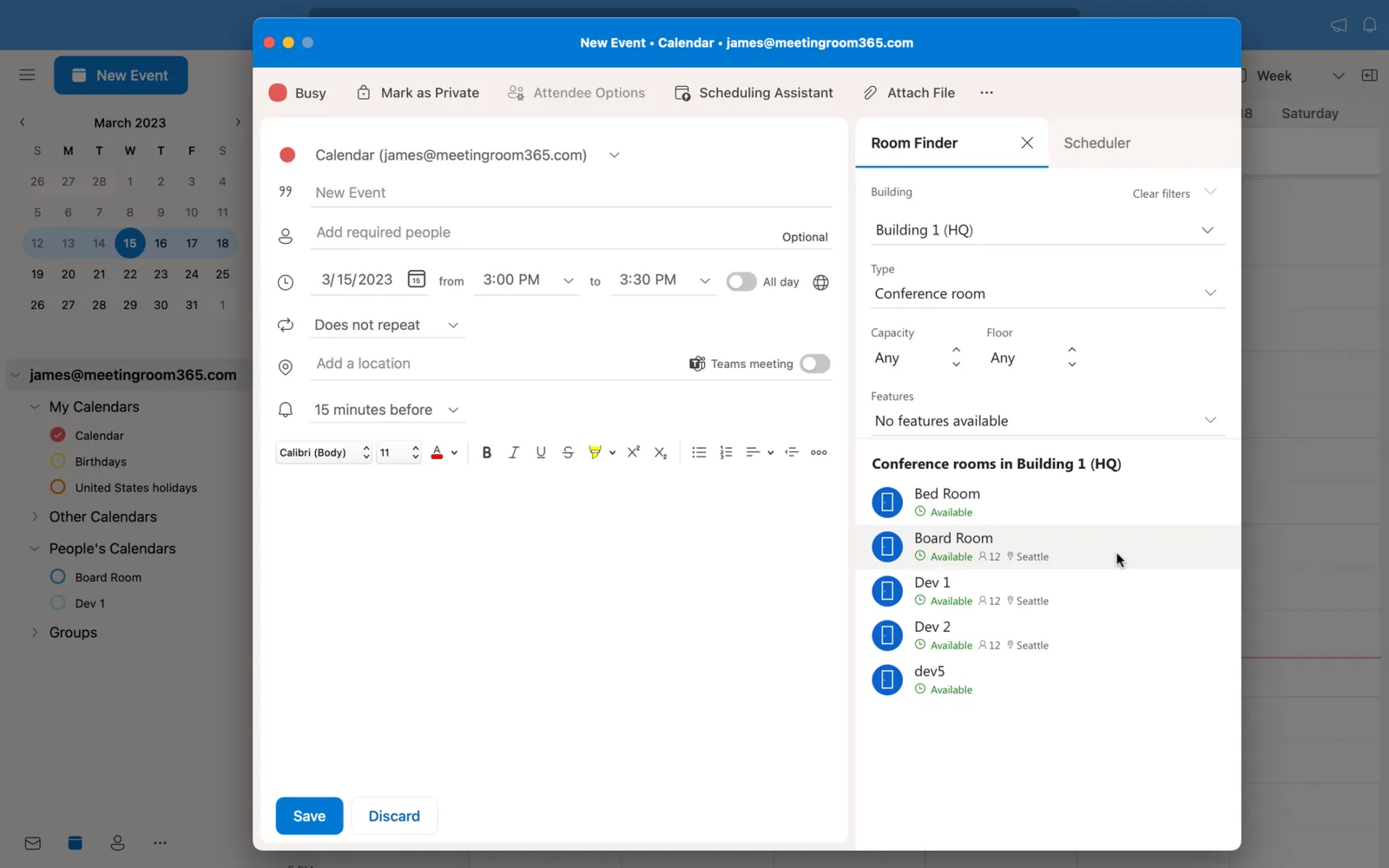 Outlook Room Finder pane filtering conference rooms in a building and showing which are available