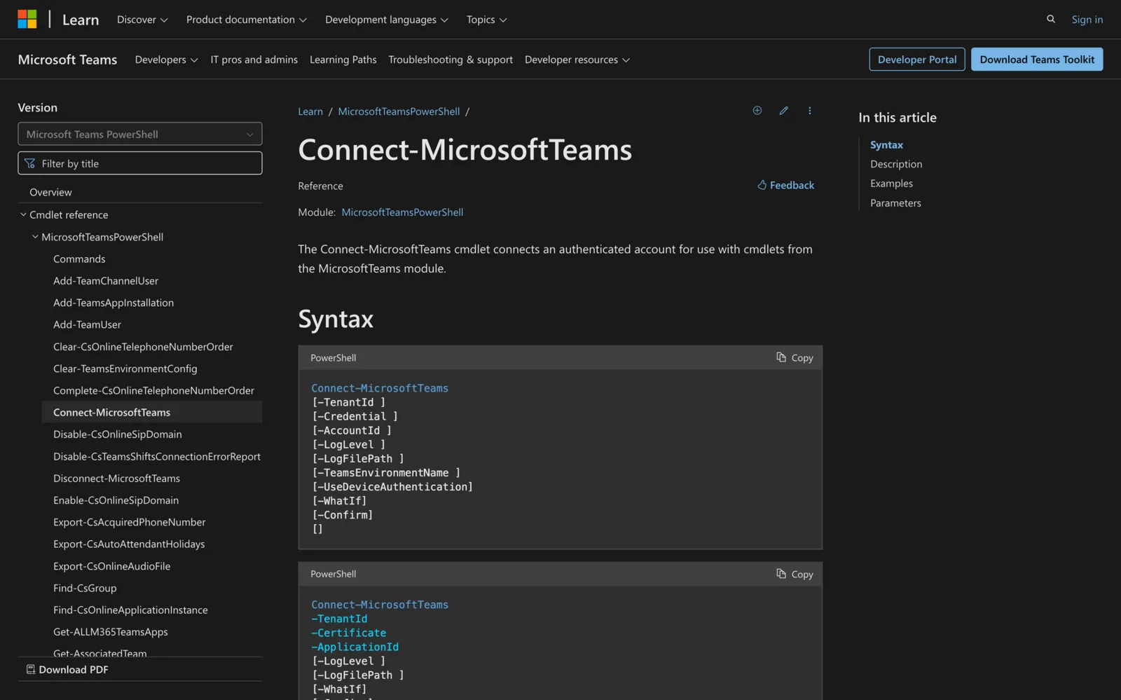 Microsoft Learn documentation for the Connect-MicrosoftTeams cmdlet showing its PowerShell syntax
