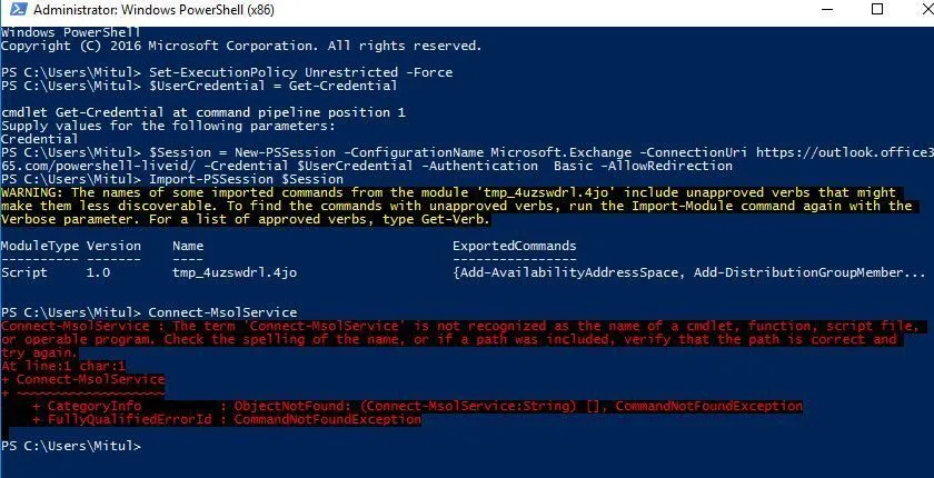Windows PowerShell showing the Connect-MsolService is not recognized as the name of a cmdlet error