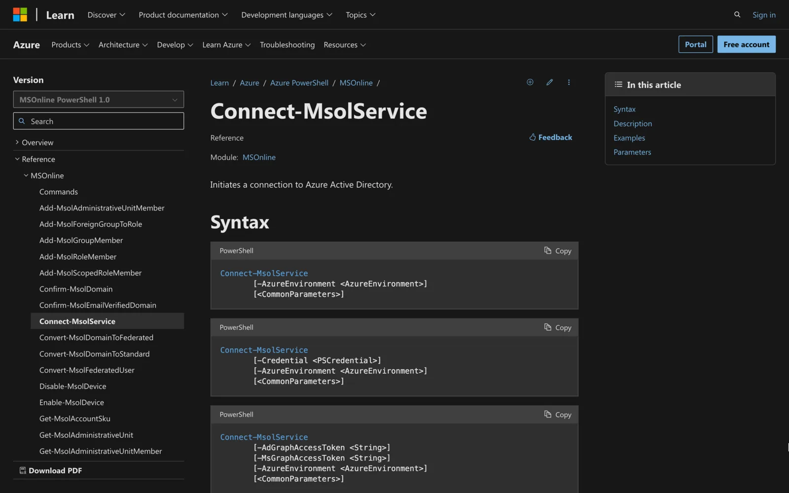 Microsoft Learn documentation for the Connect-MsolService cmdlet showing its PowerShell syntax