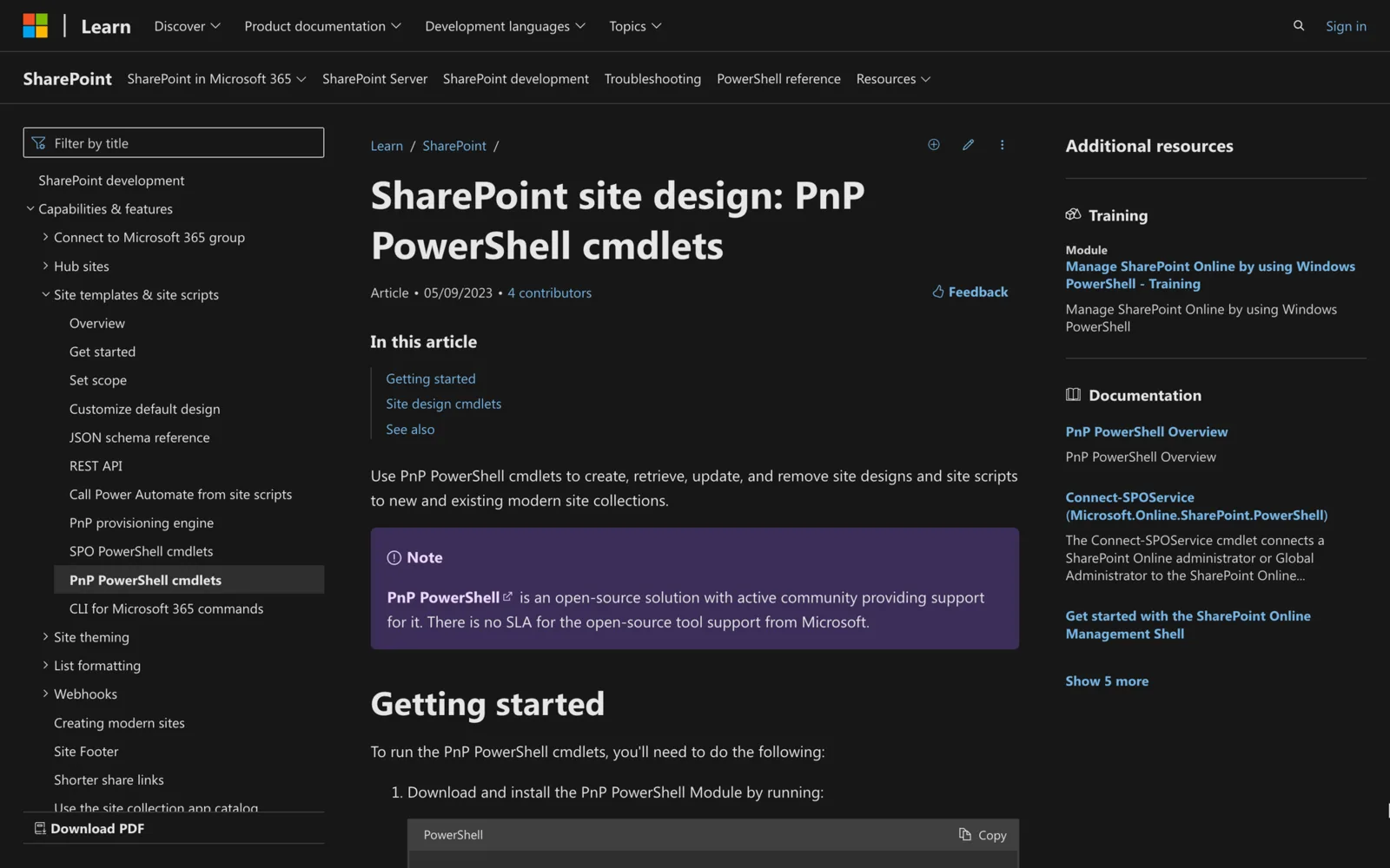 Microsoft Learn page for SharePoint site design PnP PowerShell cmdlets