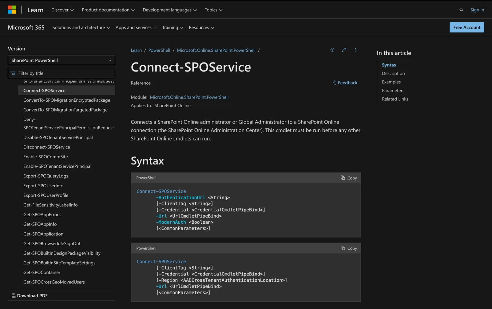 Microsoft Learn documentation for the Connect-SPOService cmdlet showing its PowerShell syntax