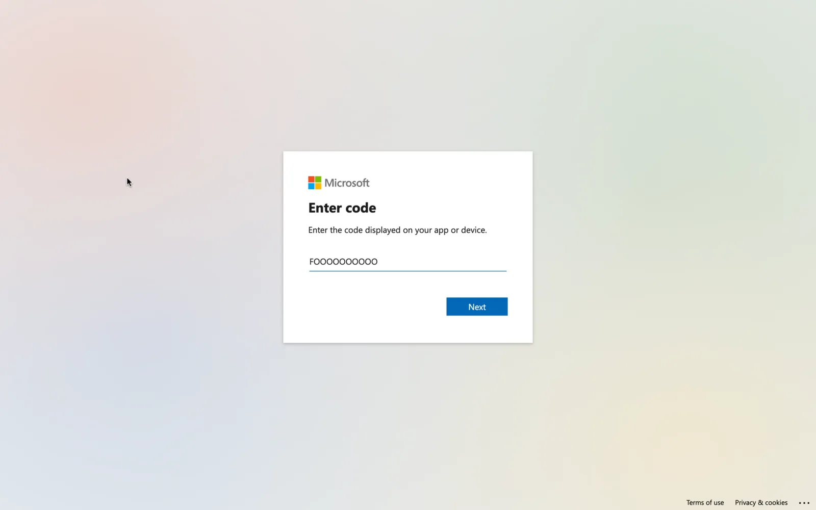 Microsoft Enter code device sign-in prompt used for modern authentication