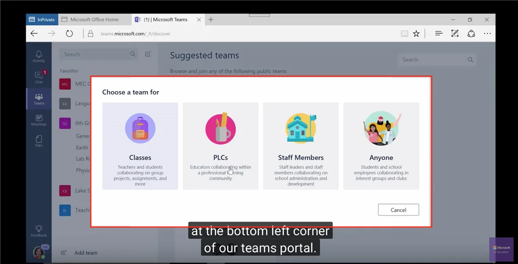 Microsoft Teams Choose a team for dialog offering Classes, PLCs, Staff Members and Anyone