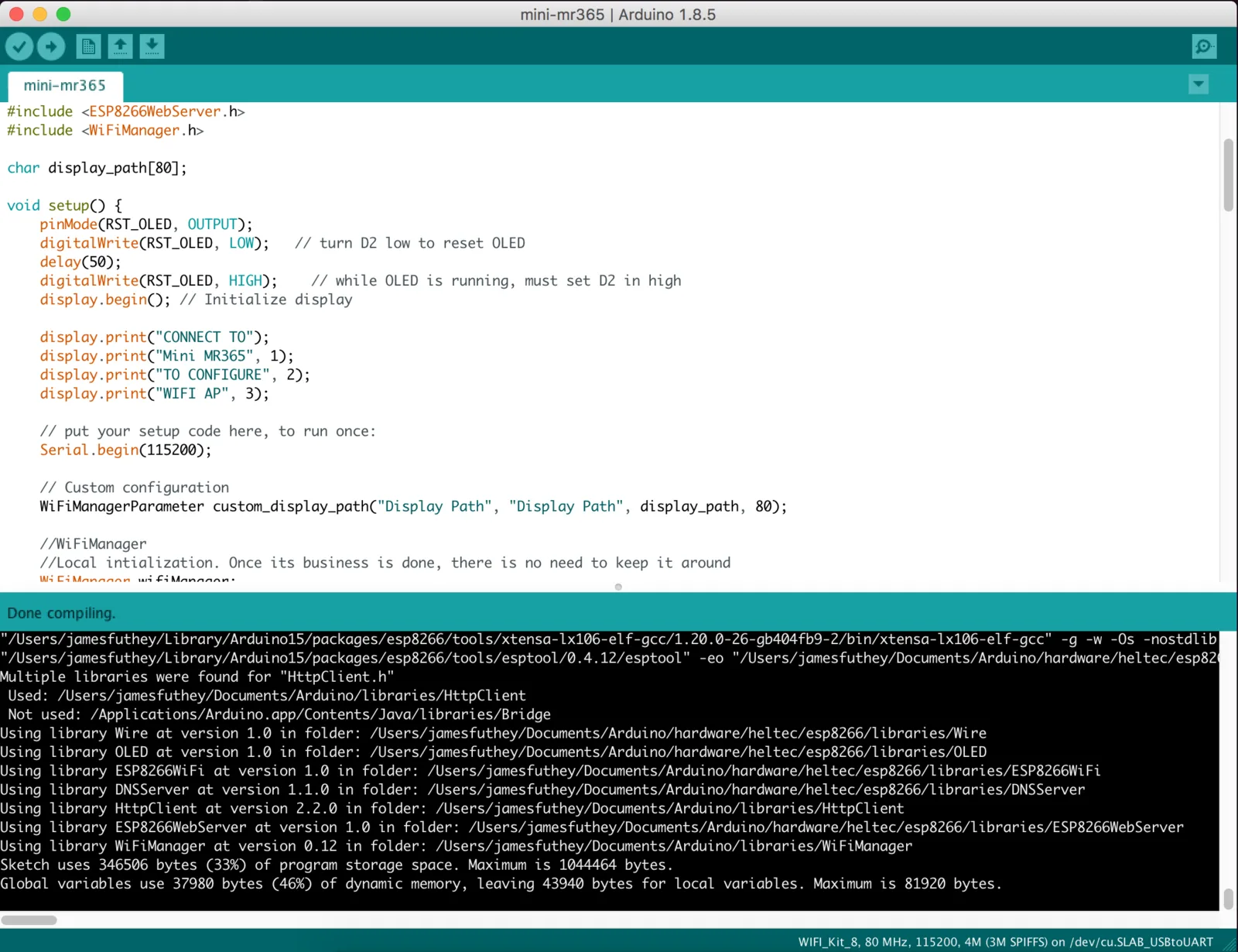 Arduino IDE compiling the mini MR365 sketch with the build log below