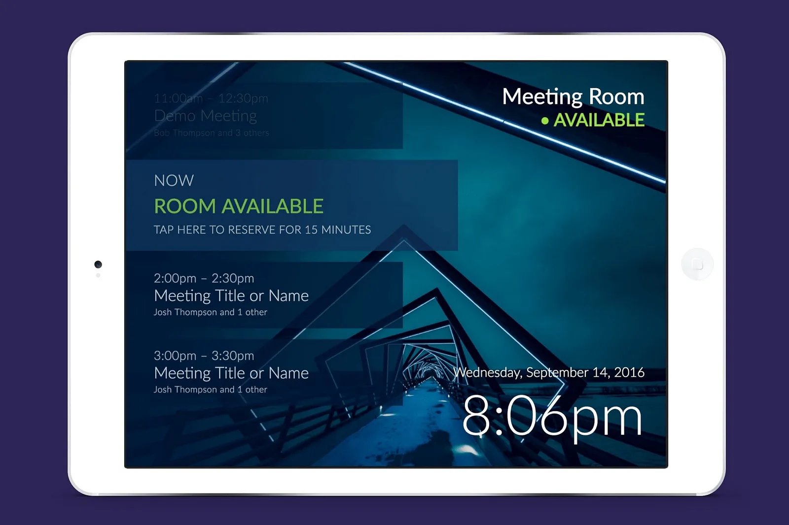 iPad running the Meeting Room 365 display showing the room available with upcoming meetings
