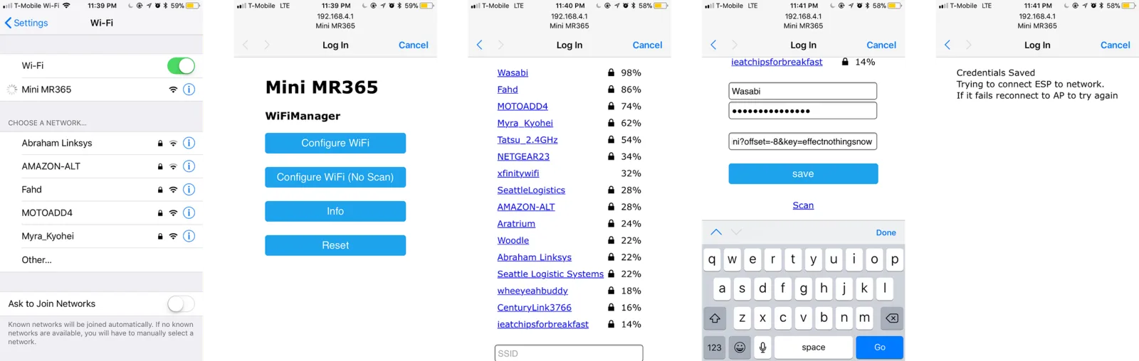 iPhone screens showing the WiFiManager setup flow for joining the device to a wireless network