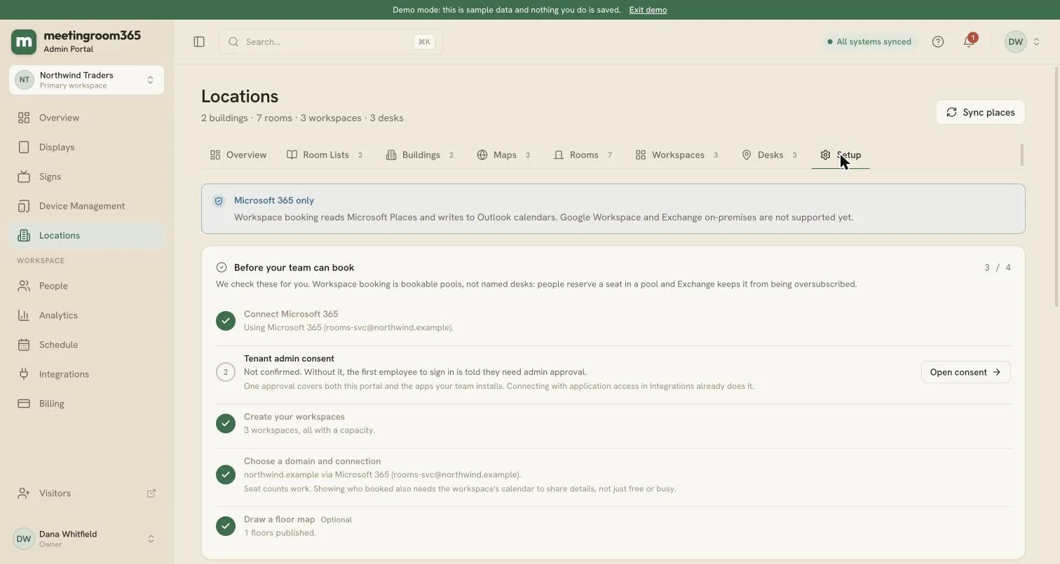 Admin portal setup checklist: connect Microsoft 365, tenant consent, create workspaces, choose a domain and connection, draw a floor map. The setup checklist in the admin portal (demo data).