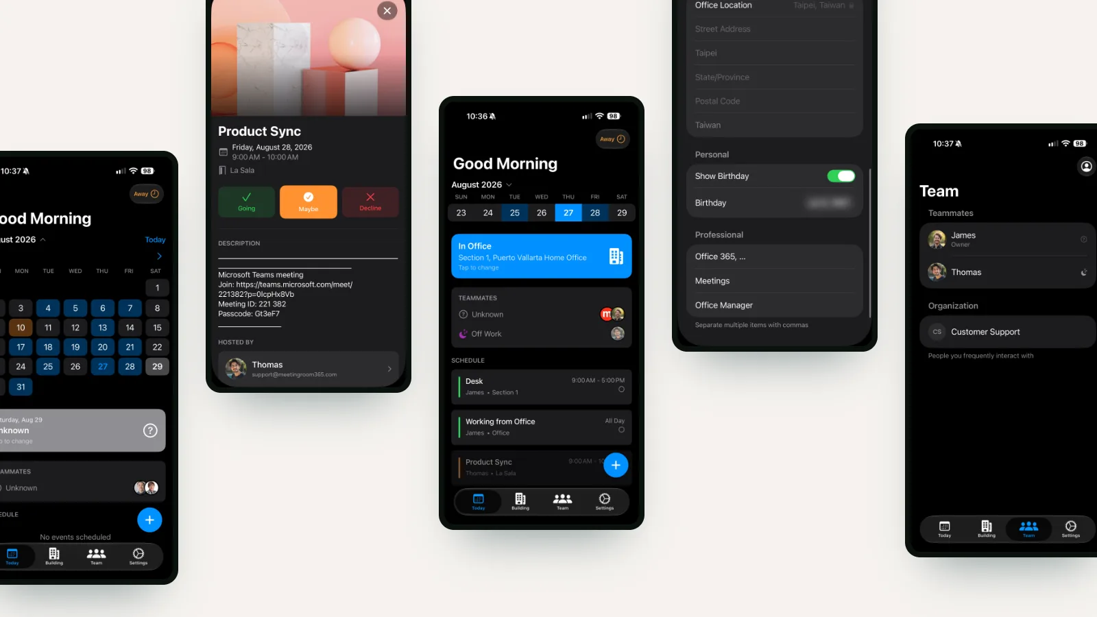 Desk Booking app screens: today's schedule with an In Office status, a meeting invite, the team list and profile settings