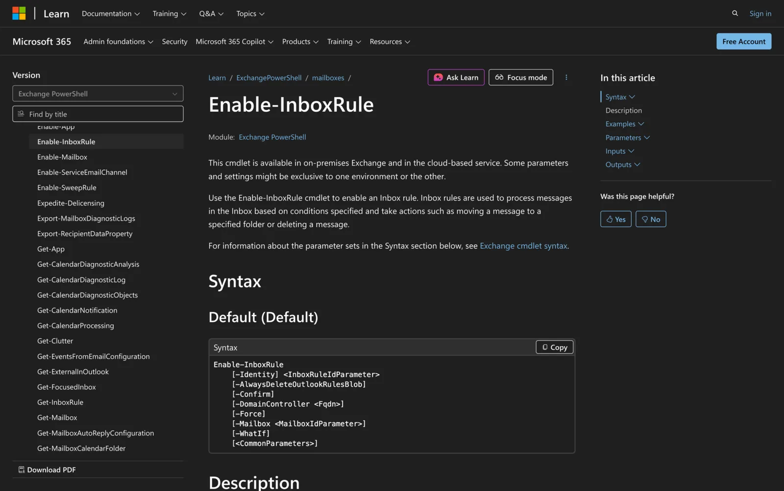 Microsoft Learn documentation for the Enable-InboxRule cmdlet showing its PowerShell syntax