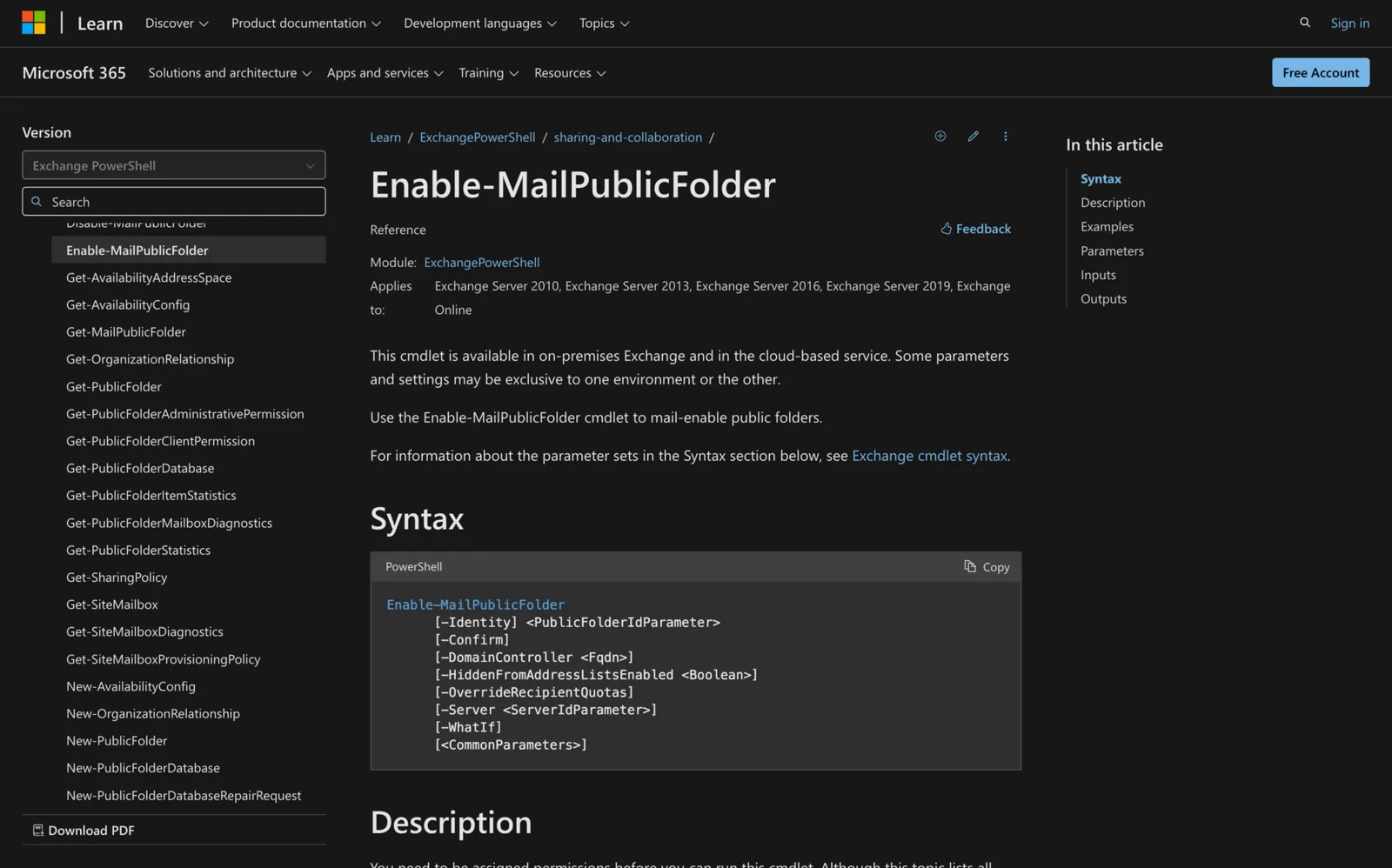 Microsoft Learn documentation for the Enable-MailPublicFolder cmdlet showing its PowerShell syntax