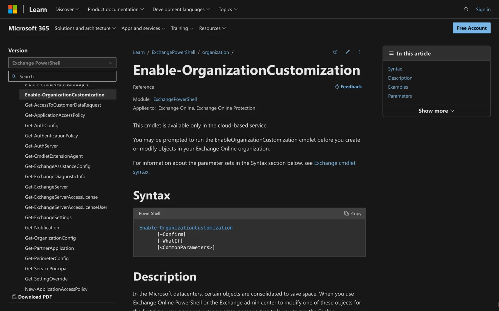 Microsoft Learn documentation for the Enable-OrganizationCustomization cmdlet showing its PowerShell syntax