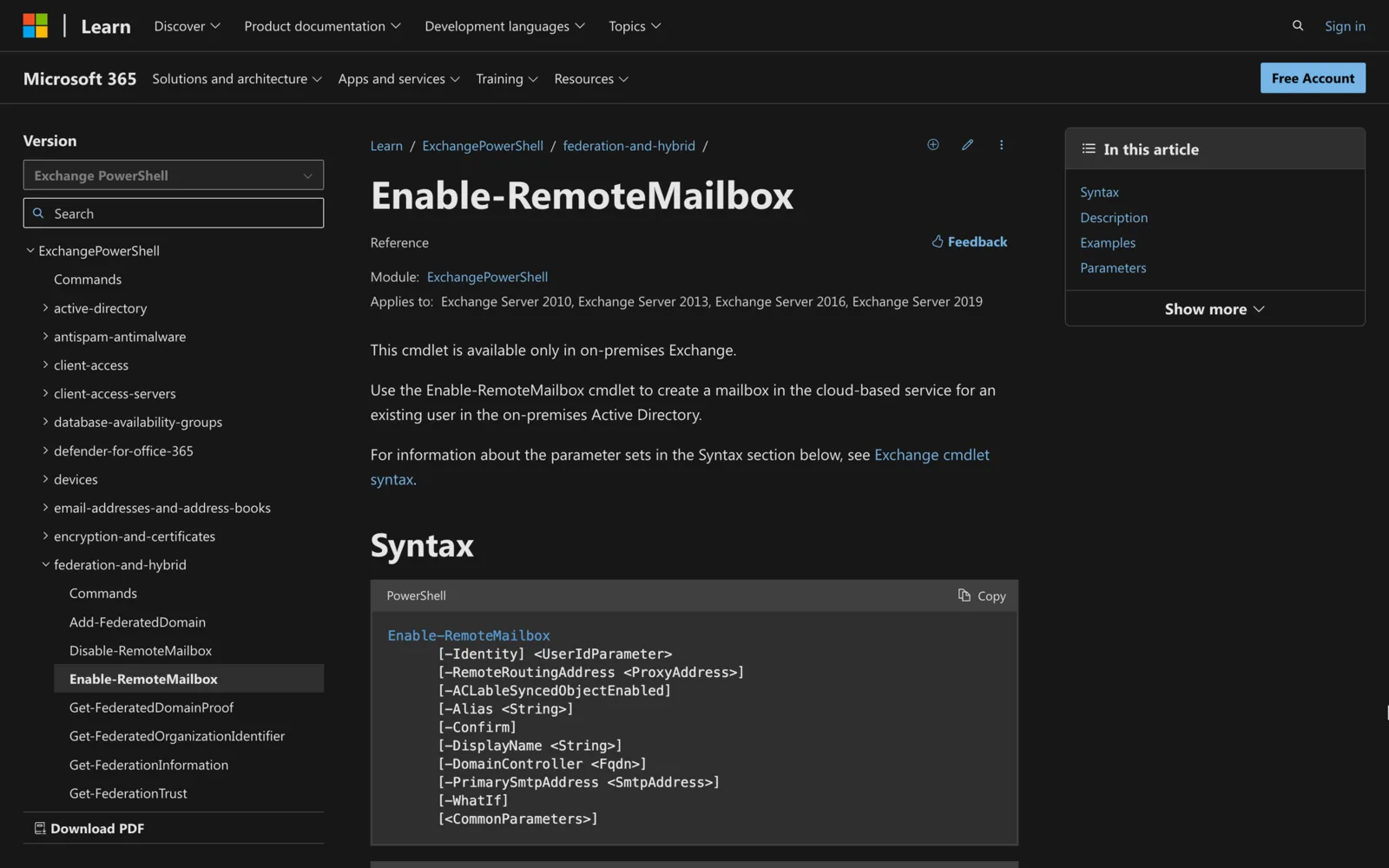 Microsoft Learn documentation for the Enable-RemoteMailbox cmdlet showing its PowerShell syntax