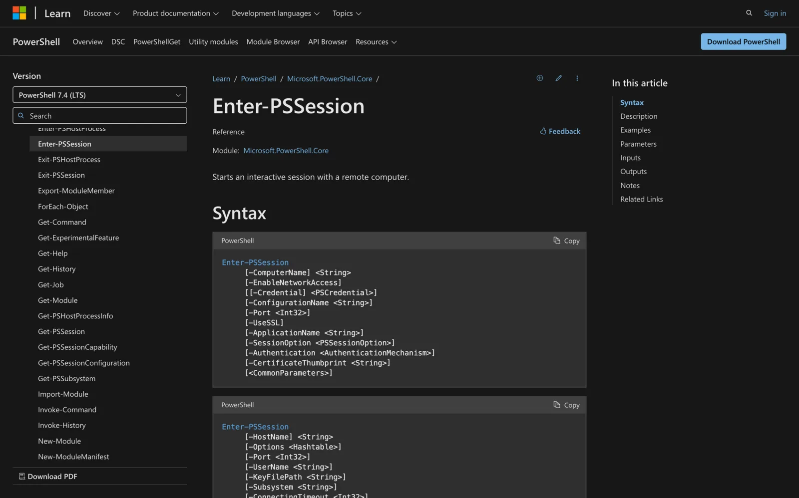 Microsoft Learn documentation for the Enter-PSSession cmdlet showing its PowerShell syntax