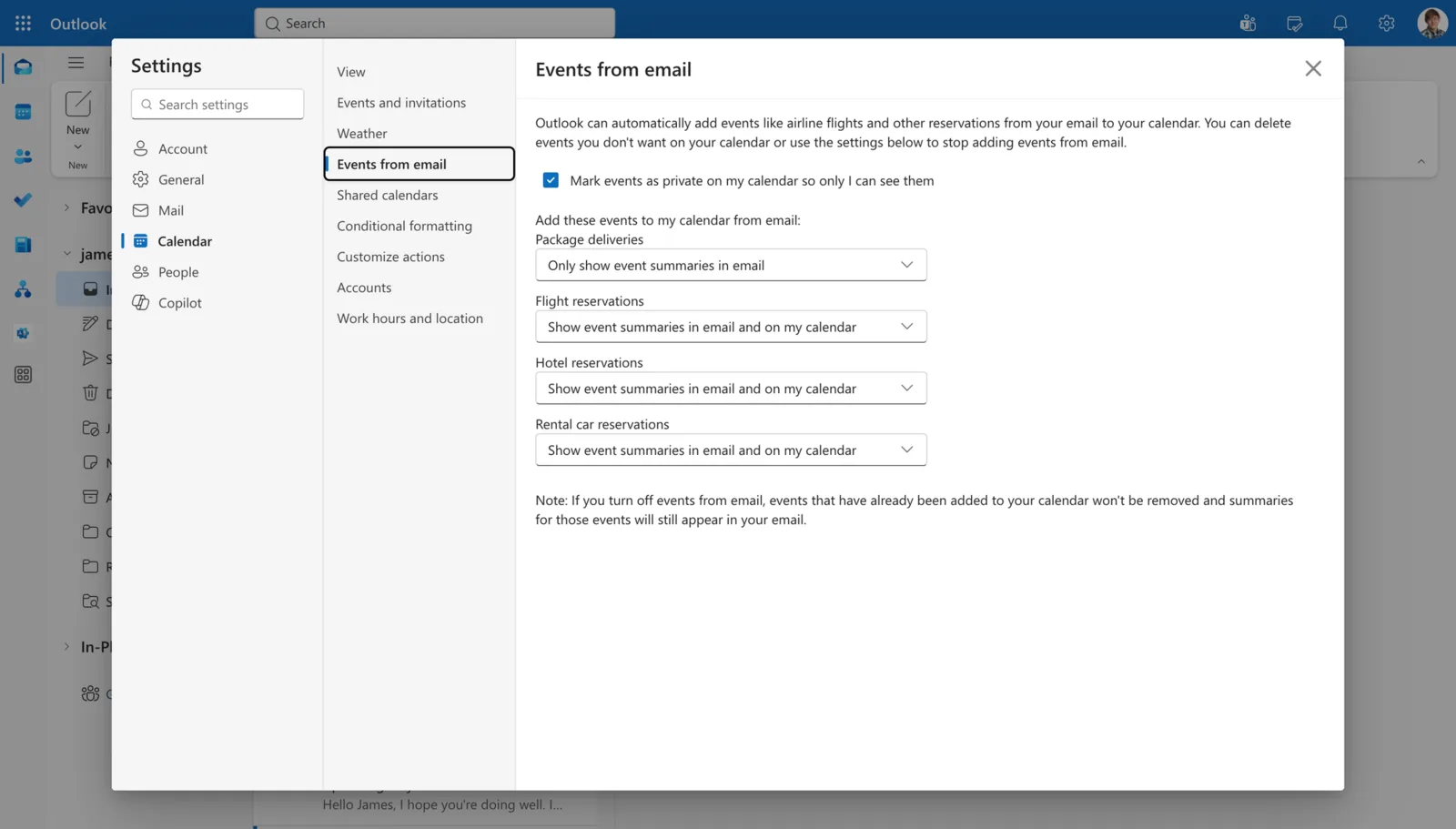 Outlook settings showing Events from email options for package deliveries, flights, hotels and rental cars