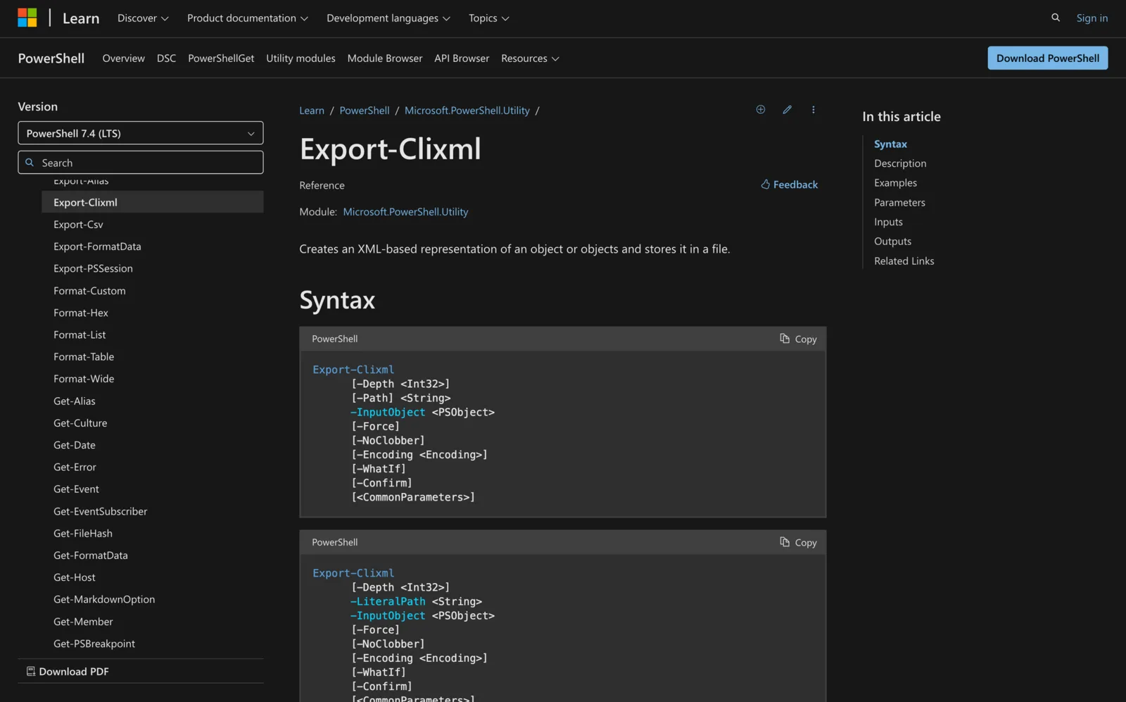 Microsoft Learn documentation for the Export-Clixml cmdlet showing its PowerShell syntax