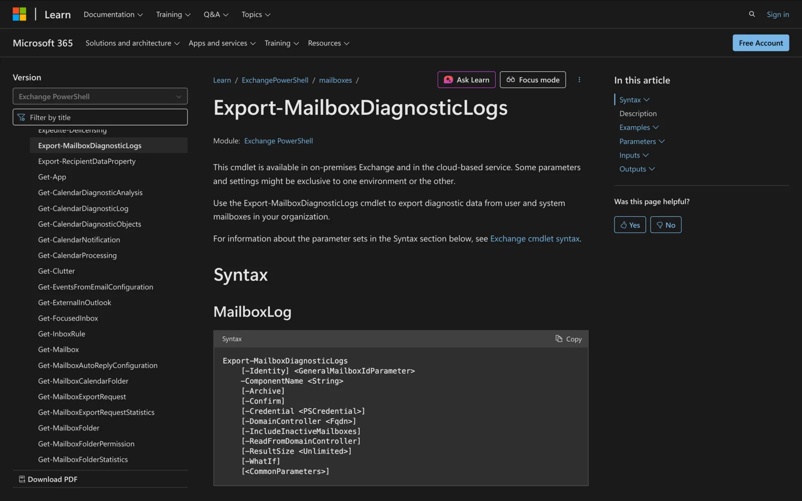 Microsoft Learn documentation for the Export-MailboxDiagnosticLogs cmdlet showing its PowerShell syntax