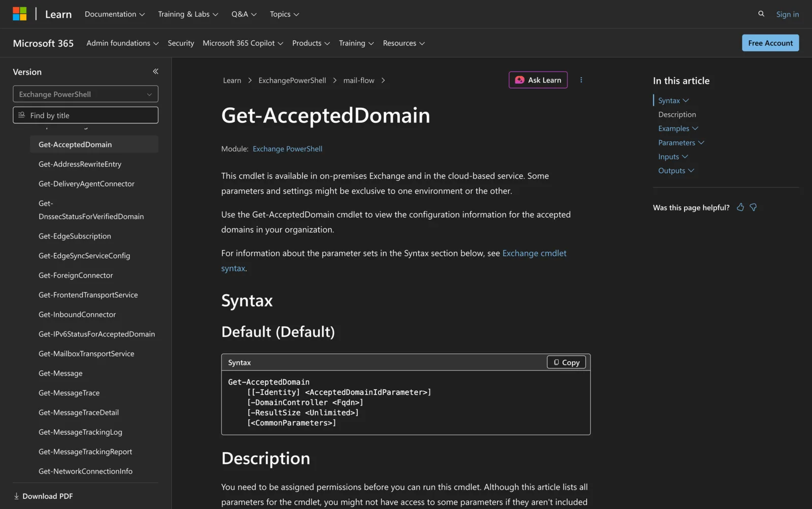 Microsoft Learn documentation for the Get-AcceptedDomain cmdlet showing its PowerShell syntax